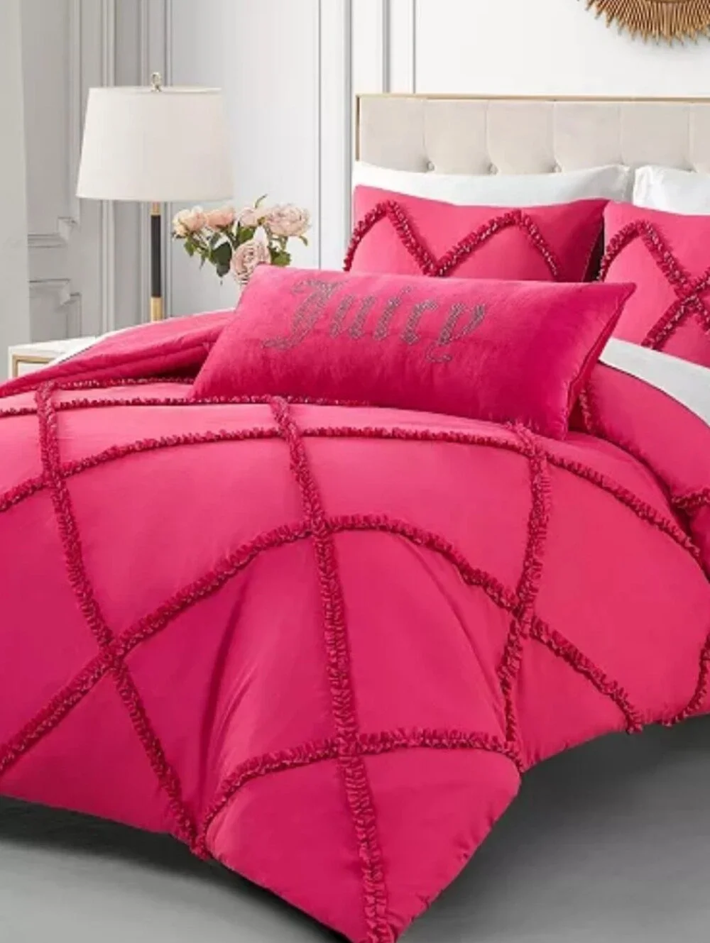 Juicy Couture Home Silver-Tone Rhinestone Decorative Pillow- Hot Pink